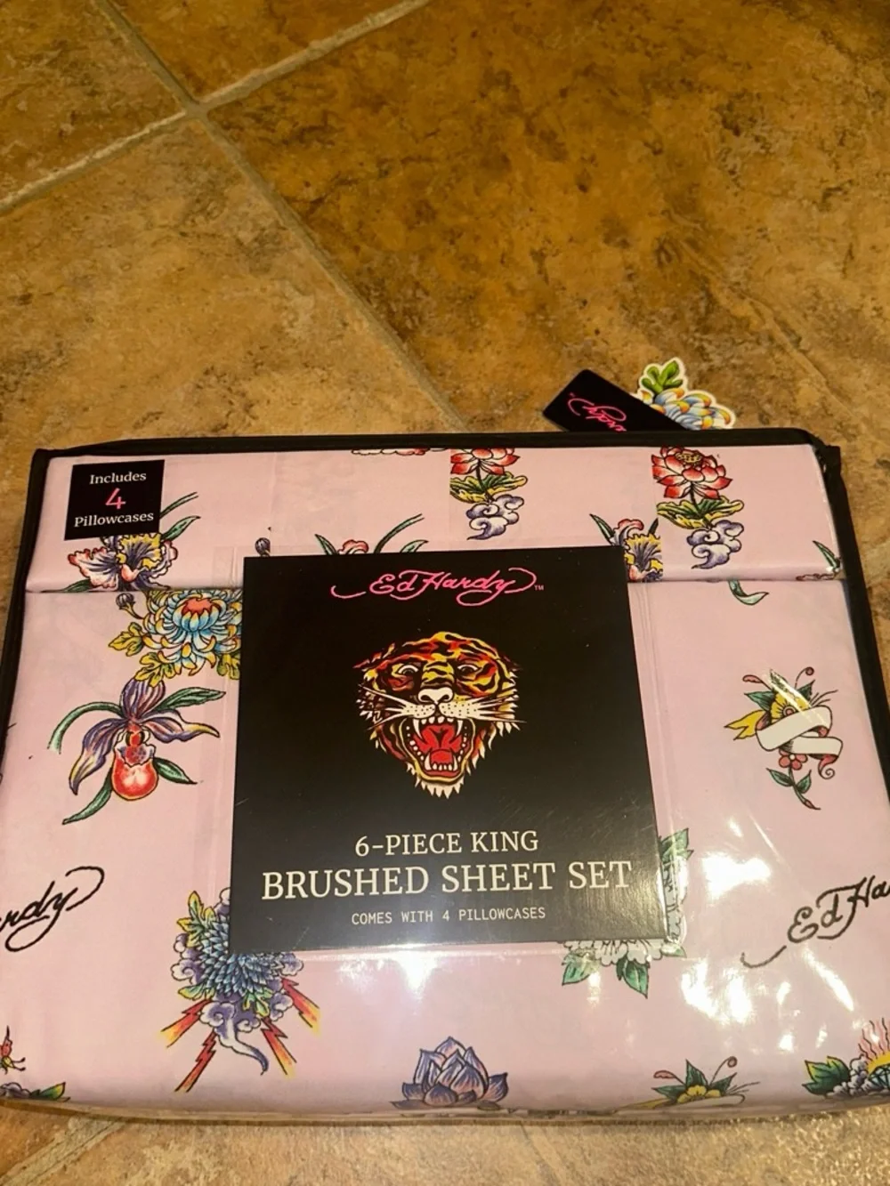Ed Hardy Pink Floral Tiger King Brushed Sheet Set